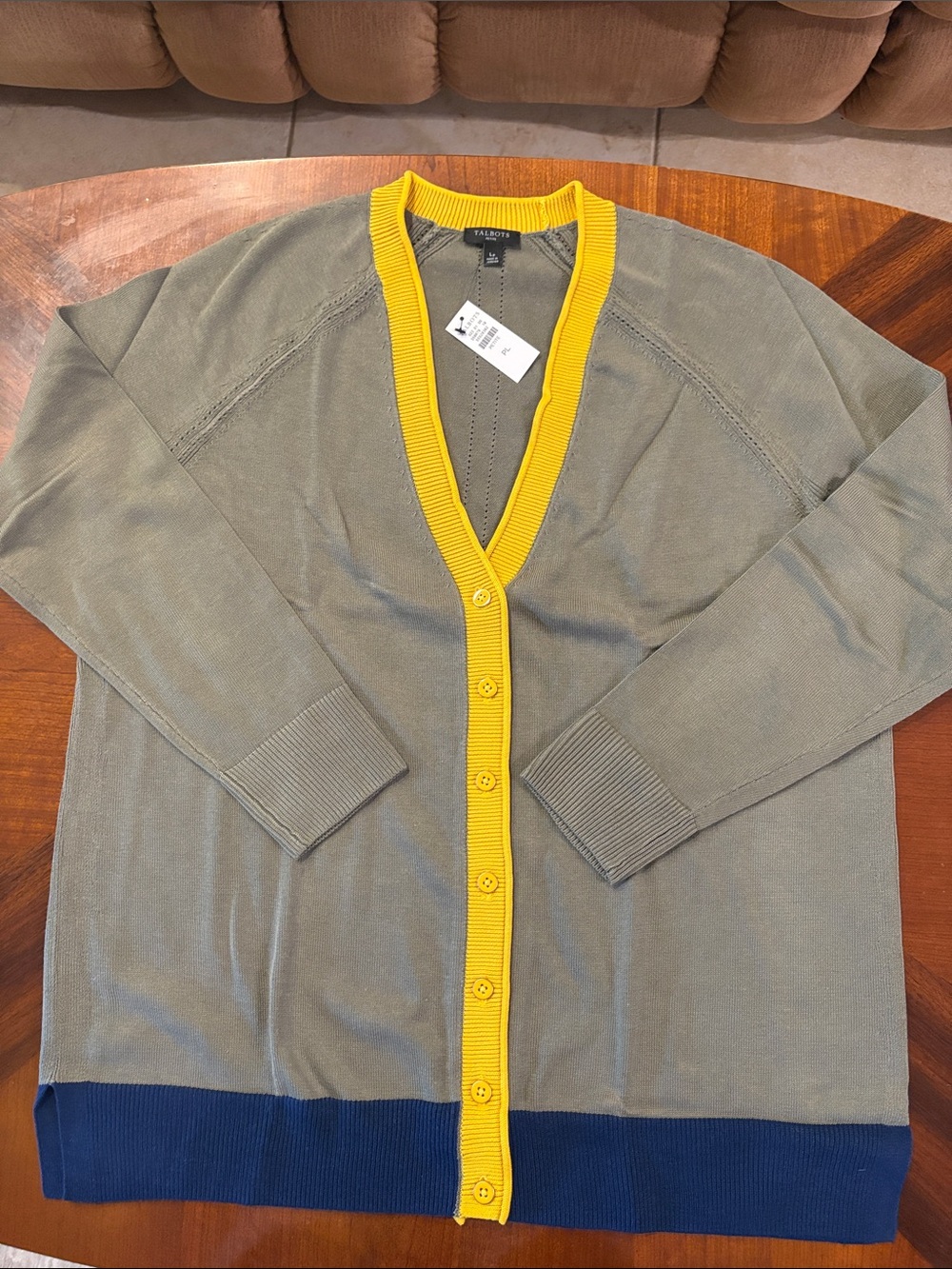 Talbots Women’s Girlfriend Olive Cardigan with Yellow Trim and Navy Hem